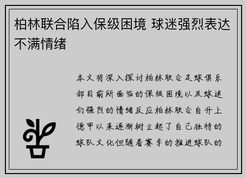 柏林联合陷入保级困境 球迷强烈表达不满情绪